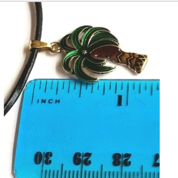 Gold Coconut Palm Tree Necklace Island Beach 21" Green Enamel Black Leather Cord - Picture 8 of 8